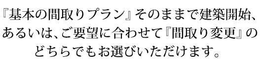 『基本の間取りプラン』そのままで建築開始、 あるいは、ご要望に合わせて『間取り変更』の どちらでもお選びいただけます。
