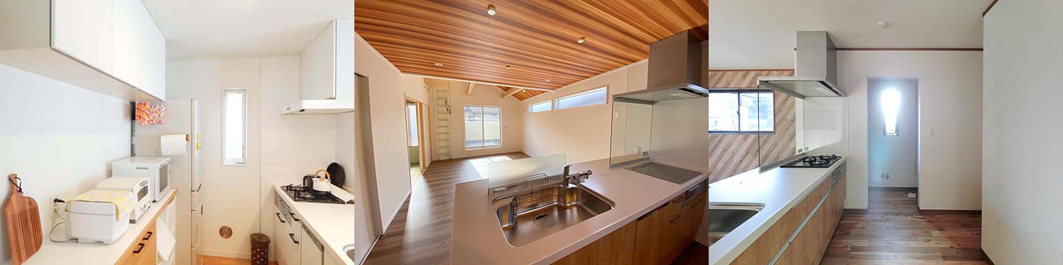 施工事例:キッチン、キッチンから見渡すLD、キッチン横のパントリー セミオーダー住宅 施工事例:キッチン、キッチンから見渡すLD、キッチン横のパントリー