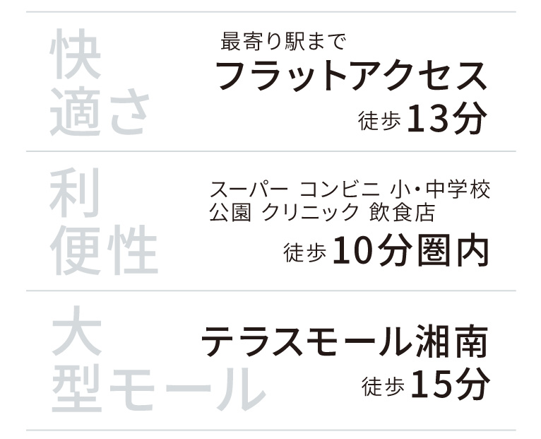 最寄り駅までフラットアクセス　スーパー コンビニ 小・中学校公園 クリニック 飲食店が徒歩10分圏内　テラスモール湘南まで徒歩15分