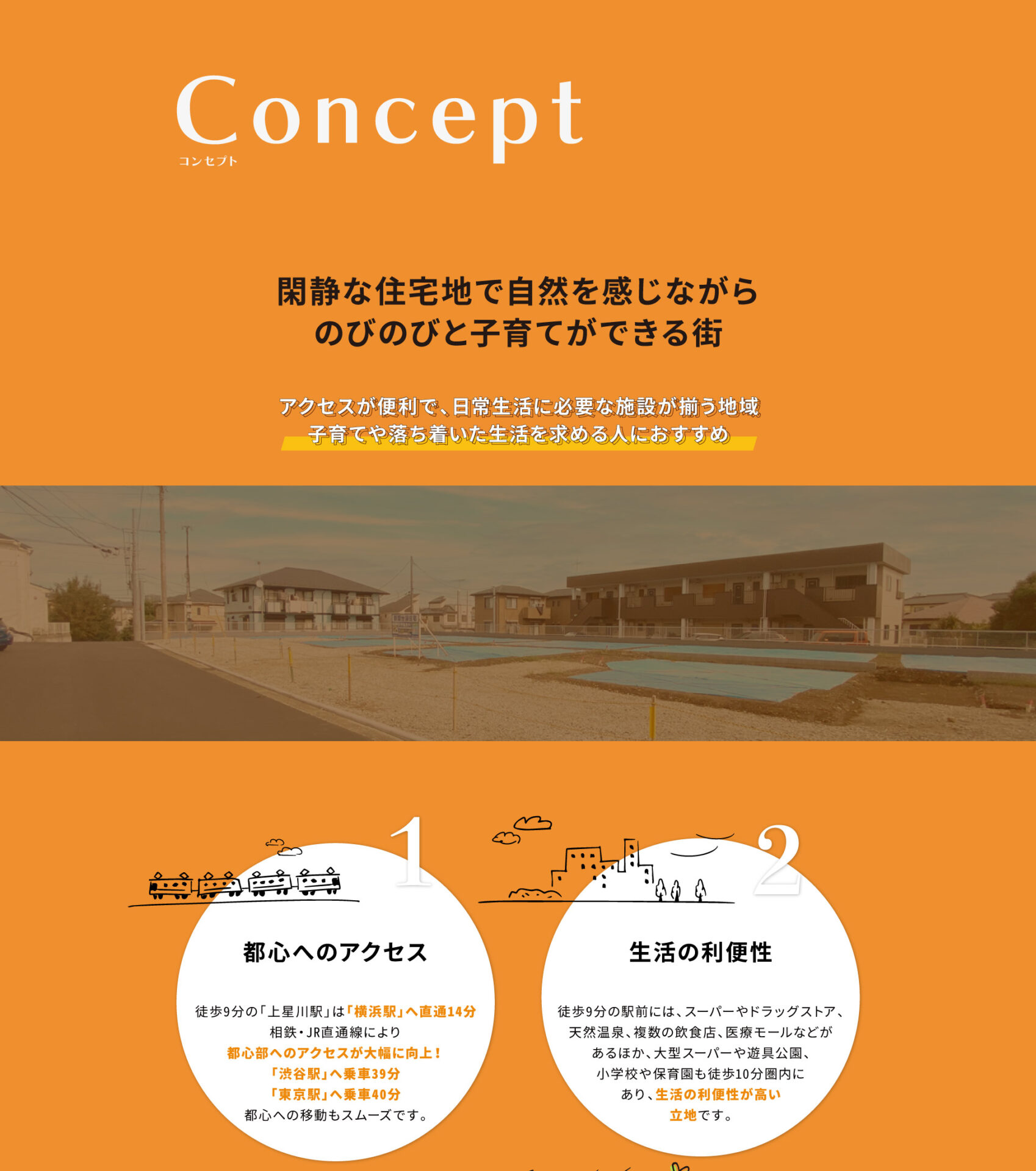 閑静な住宅地で自然を感じながらのびのびと子育てができる街 アクセスが便利で、日常生活に必要な施設が揃う地域 子育てや落ち着いた生活を求める人におすすめ 1.都心へのアクセス 徒歩9分の「上星川駅」は「横浜駅」へ直通14分。相鉄・JR直通線により、都心部へのアクセスが大幅に向上！「渋谷駅」へ乗車39分、「東京駅」へ乗車40分で都心への移動もスムーズです。 2.生活の利便性 徒歩9分の駅前には、スーパーやドラッグストア、天然温泉、複数の飲食店、医療モールなどがあるほか、大型スーパーや遊具公園、小学校や保育園も徒歩10分圏内にあり、生活の利便性が高い立地です。