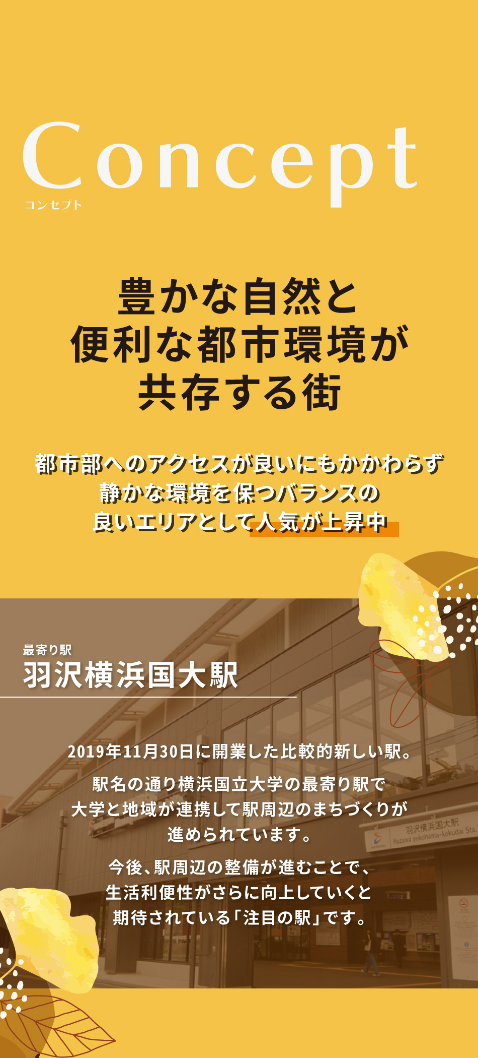 豊かな自然と便利な都市環境が共存する街。都市部へのアクセスが良いにもかかわらず静かな環境を保つバランスの良いエリアとして人気が上昇中。最寄り駅 羽沢横浜国大駅：2019年11月30日に開業した比較的新しい駅。駅名の通り横浜国立大学の最寄り駅で大学と地域が連携して駅周辺のまちづくりが進められています。今後、駅周辺の整備が進むことで、生活利便性がさらに向上していくと期待されている「注目の駅」です。