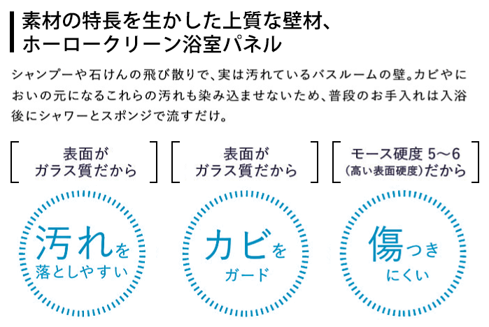 素材の特長を生かした上質な壁材、ホーロークリーン浴室パネル