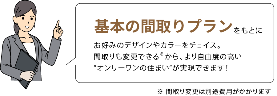 基本の間取りプランをもとに、お好みのデザインやカラーをチョイス。間取りも変更できるから、より自由度の高い “オンリーワンの住まい”が実現できます！ ※ 間取り変更は別途費用がかかります
