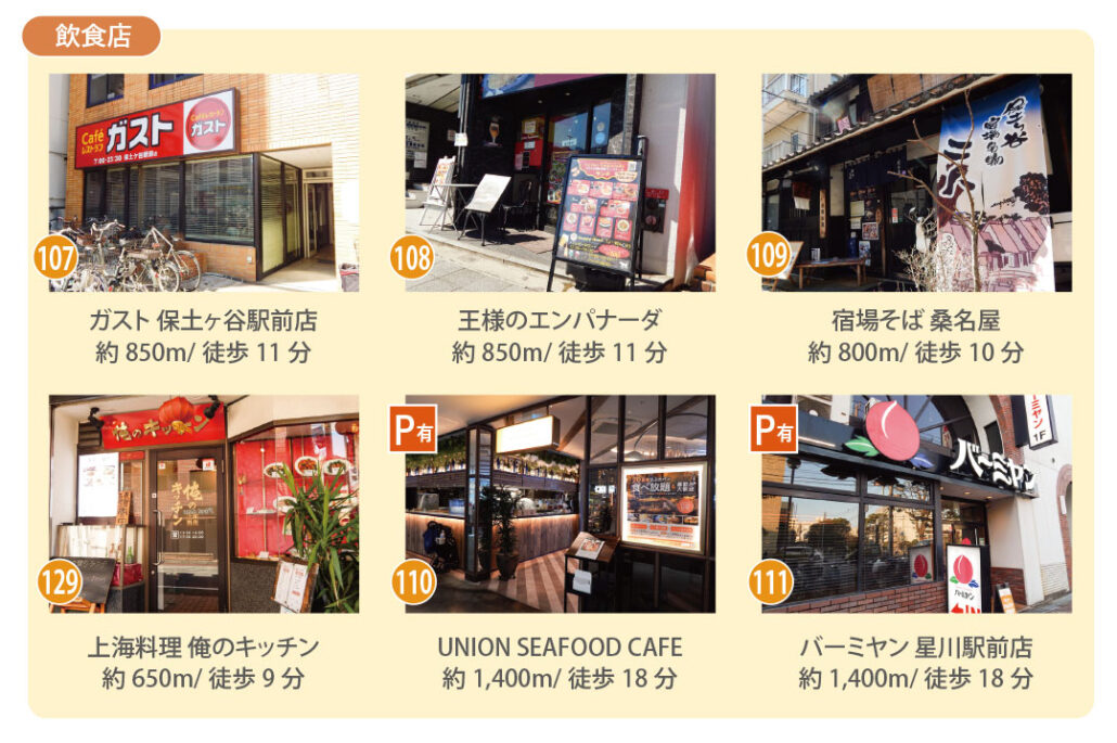 霞台周辺の飲食店。ファミリーレストラン他、様々なジャンルの飲食店がある。