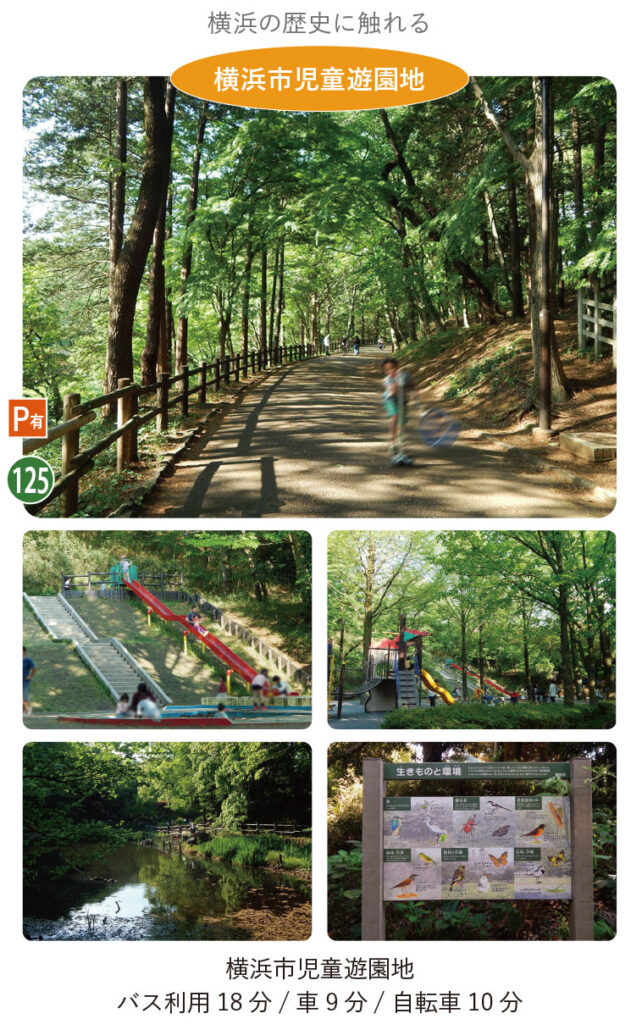 豊かな自然に囲まれた横浜市児童遊園地。森の中の散策路、大型遊具、せせらぎ、野鳥観察などを楽しめる。