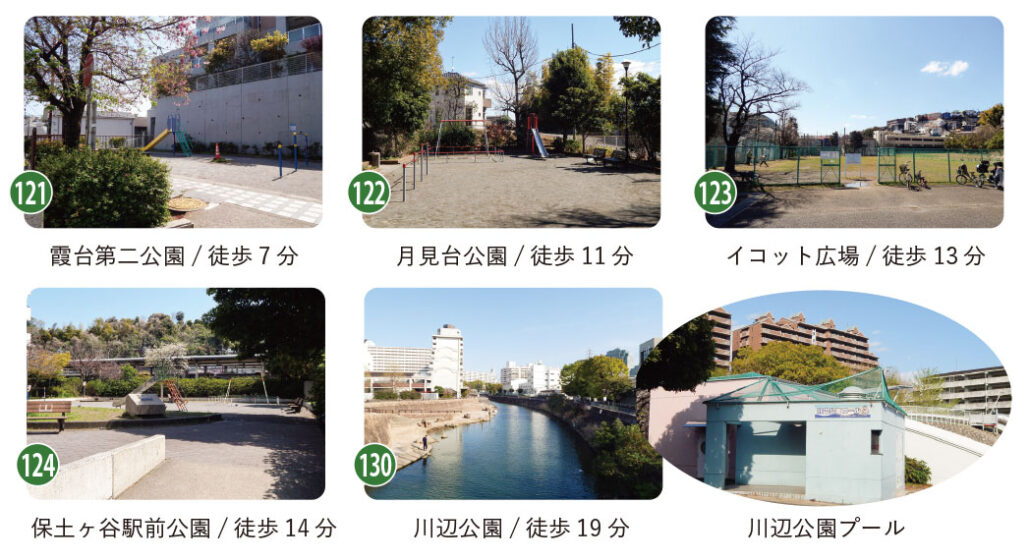 霞台周辺の遊具公園や水辺の公園、公園プール