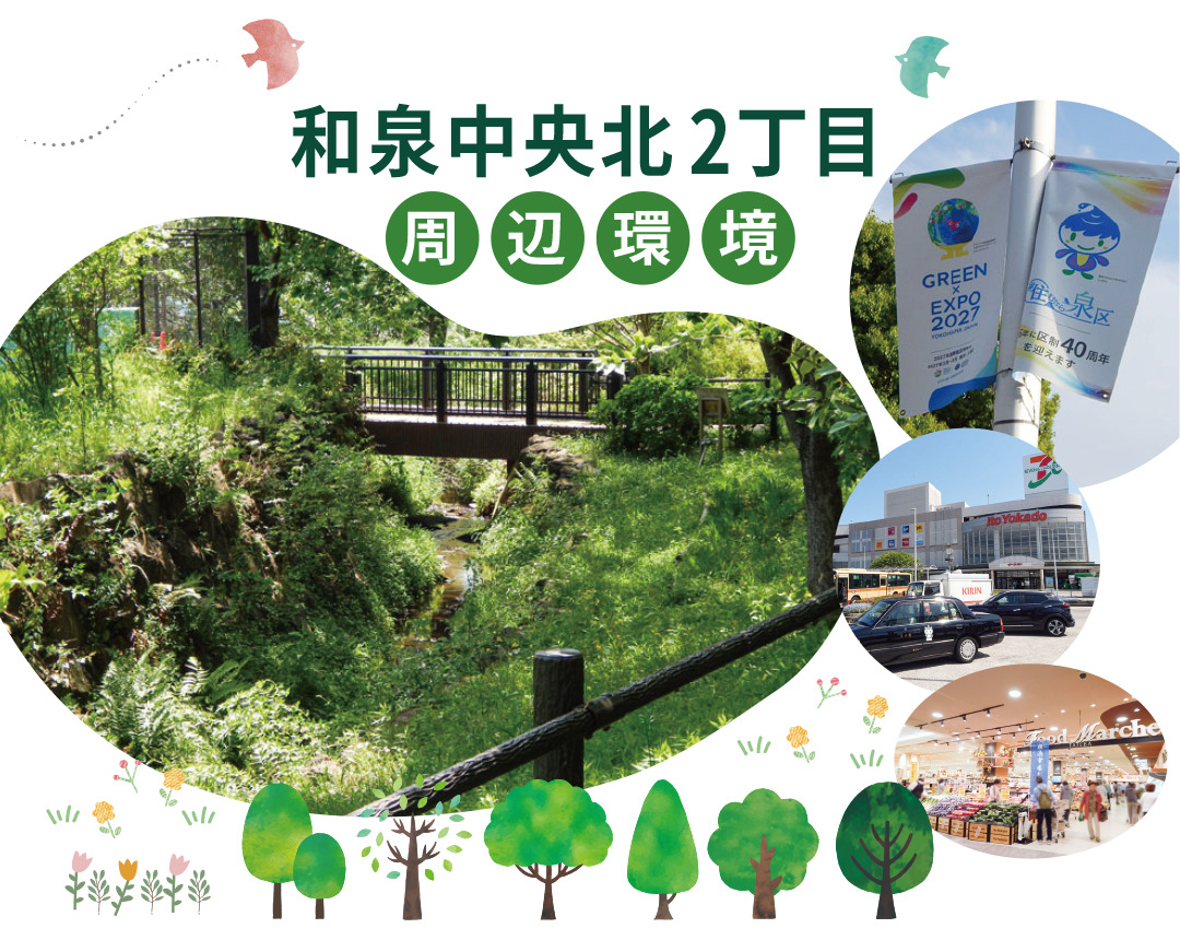 和泉中央北二丁目の周辺環境イメージ。緑あふれる公園や買い物に便利な立場駅前の風景など、子育てにうれしい街の魅力がつまったスマートフォン表示用のヘッダー画像。