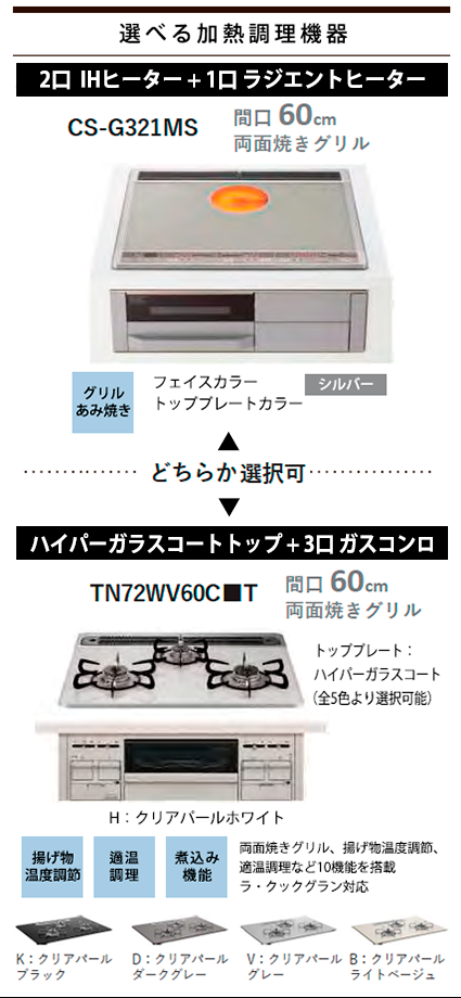 タカラスタンダード システムキッチン 選べる加熱調理機器 IHヒーター、ガスコンロ