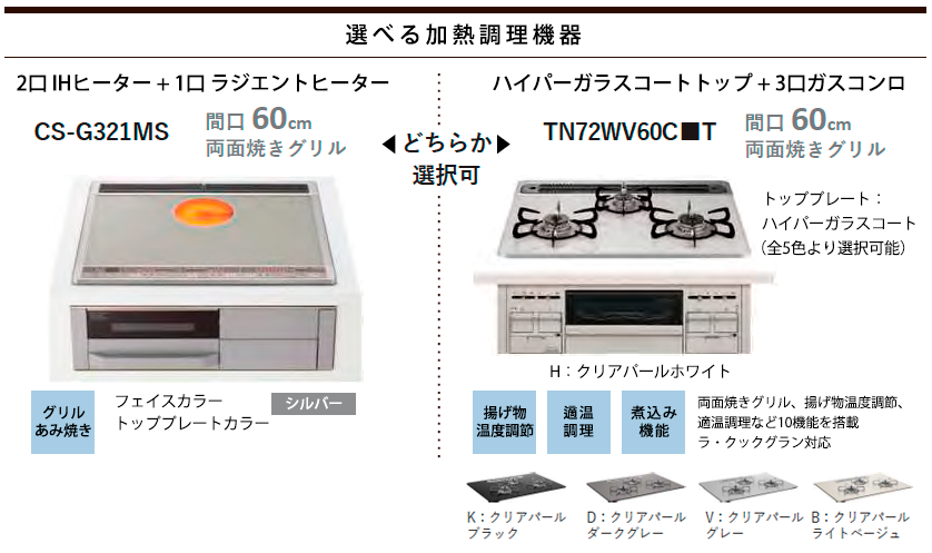 タカラスタンダード システムキッチン 選べる加熱調理機器 IHヒーター、ガスコンロ