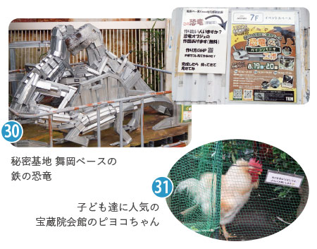 秘密基地 舞岡ベースの鉄の恐竜と宝蔵院会館のニワトリのピヨコちゃん