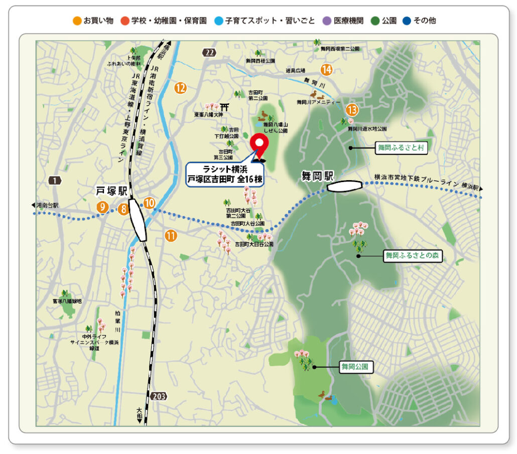 戸塚駅・吉田町周辺のスーパー、商業施設などを番号で示した周辺環境マップ