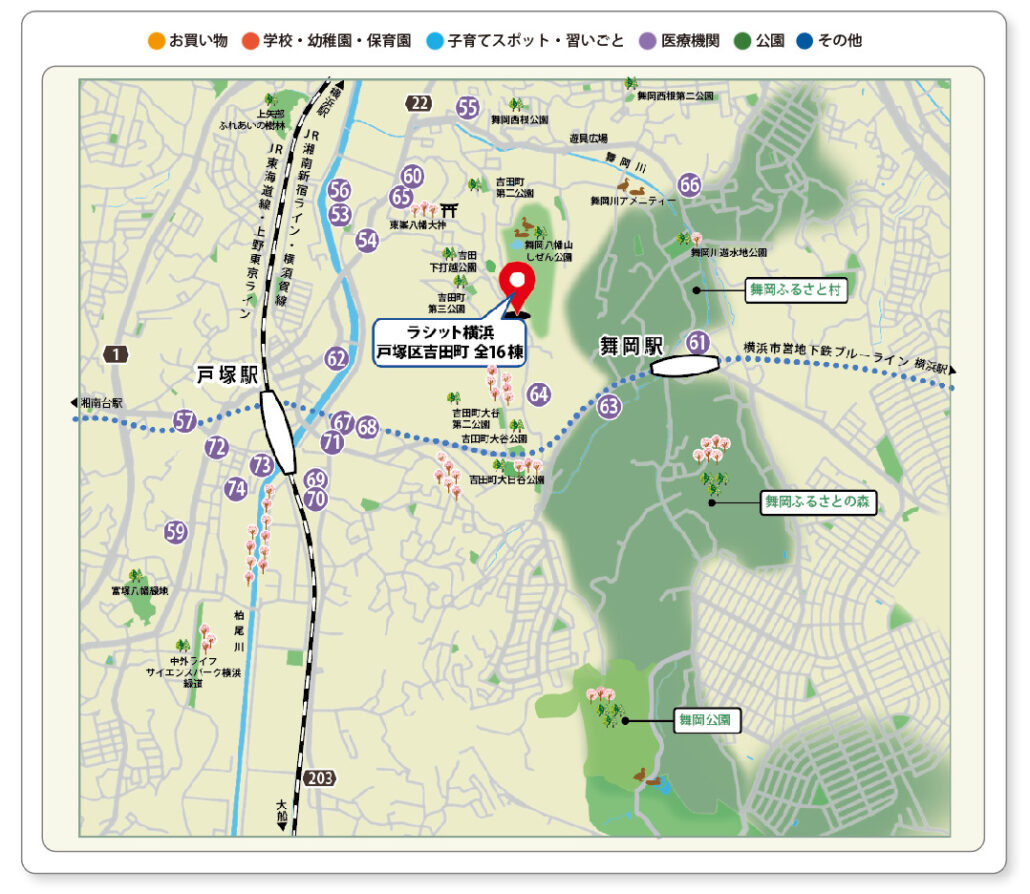 戸塚駅・吉田町周辺の小児科などの医療施設を番号で示した周辺環境マップ
