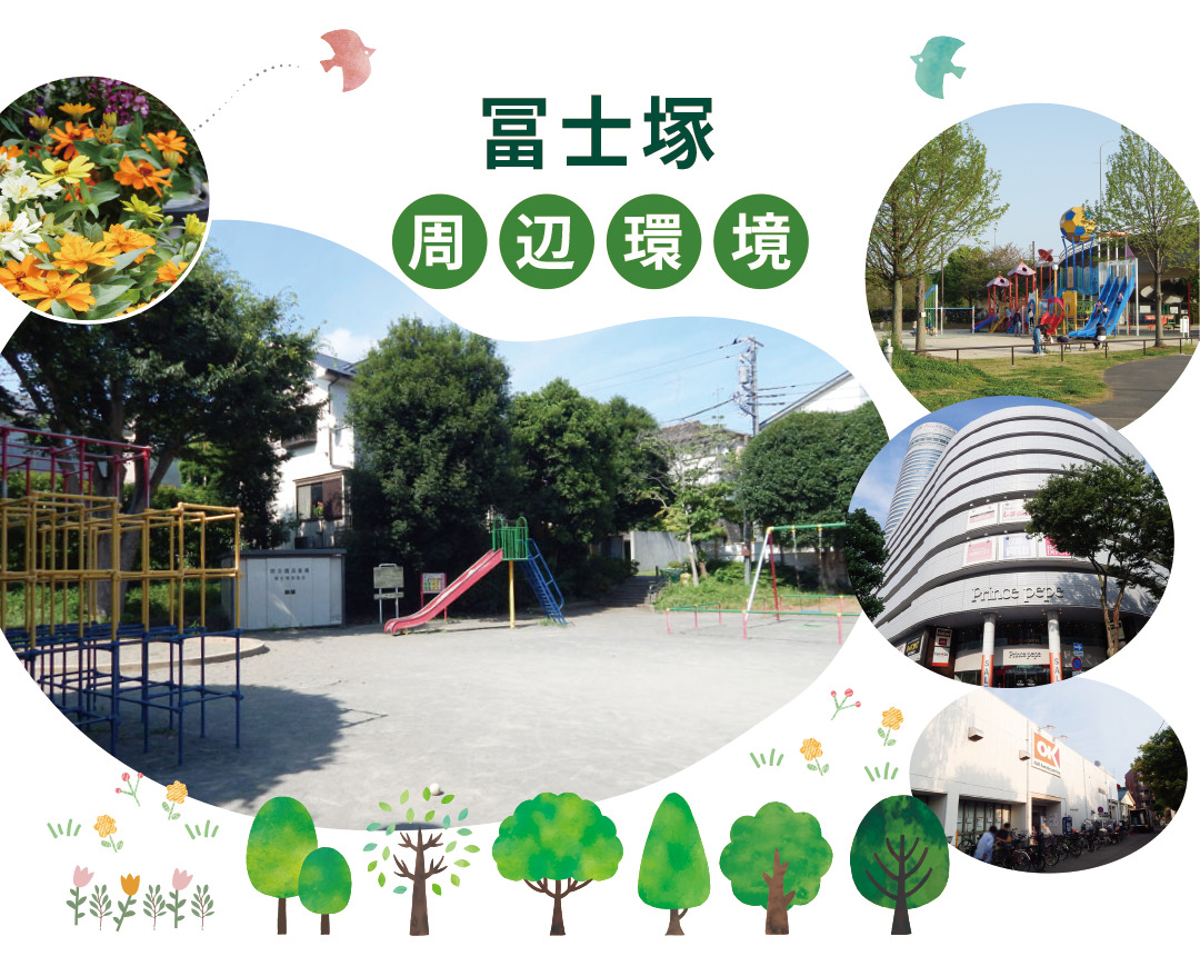 横浜市港北区の新築分譲住宅周辺の風景。富士塚二丁目公園、新横浜公園、新横浜プリンスペペ、オーケー妙蓮寺店の写真と「富士塚 周辺環境」の文字