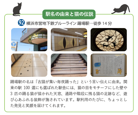 踊場駅の駅名の由来、駅の中の猫の装飾の写真