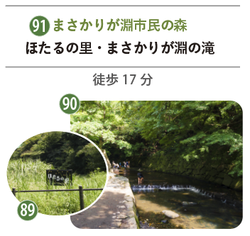まさかりが淵の滝で水遊びする子供たちと、ほたるの里