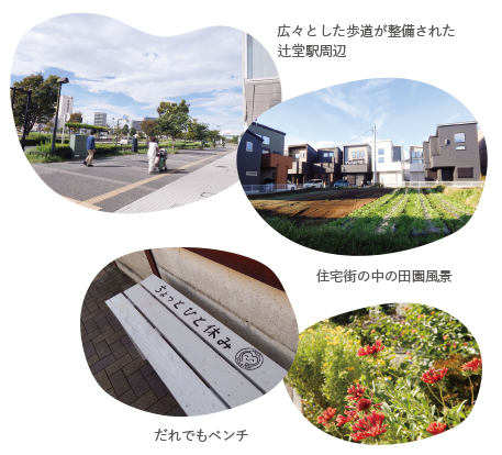 広々とした歩道が整備された辻堂駅周辺や住宅街の風景