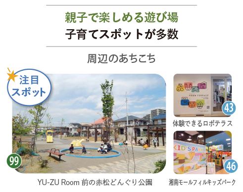 親子で楽しめる遊び場。子育てスポット・辻堂西口YU-ZU Room前のどんぐり広場、「体験・展示スぺース ロボテラス」キッズパークの写真