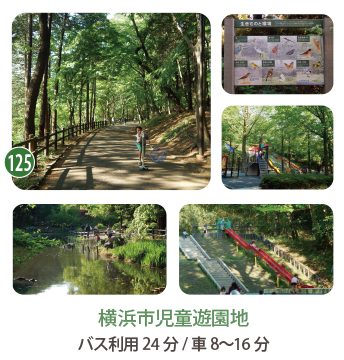 横浜市児童遊園地の散策路、遊具広場、池で遊ぶ子ども達