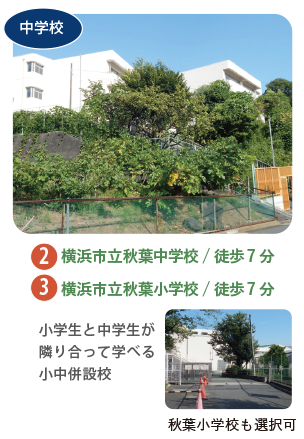 横浜市立秋葉中学校と秋葉小学校の校舎の写真