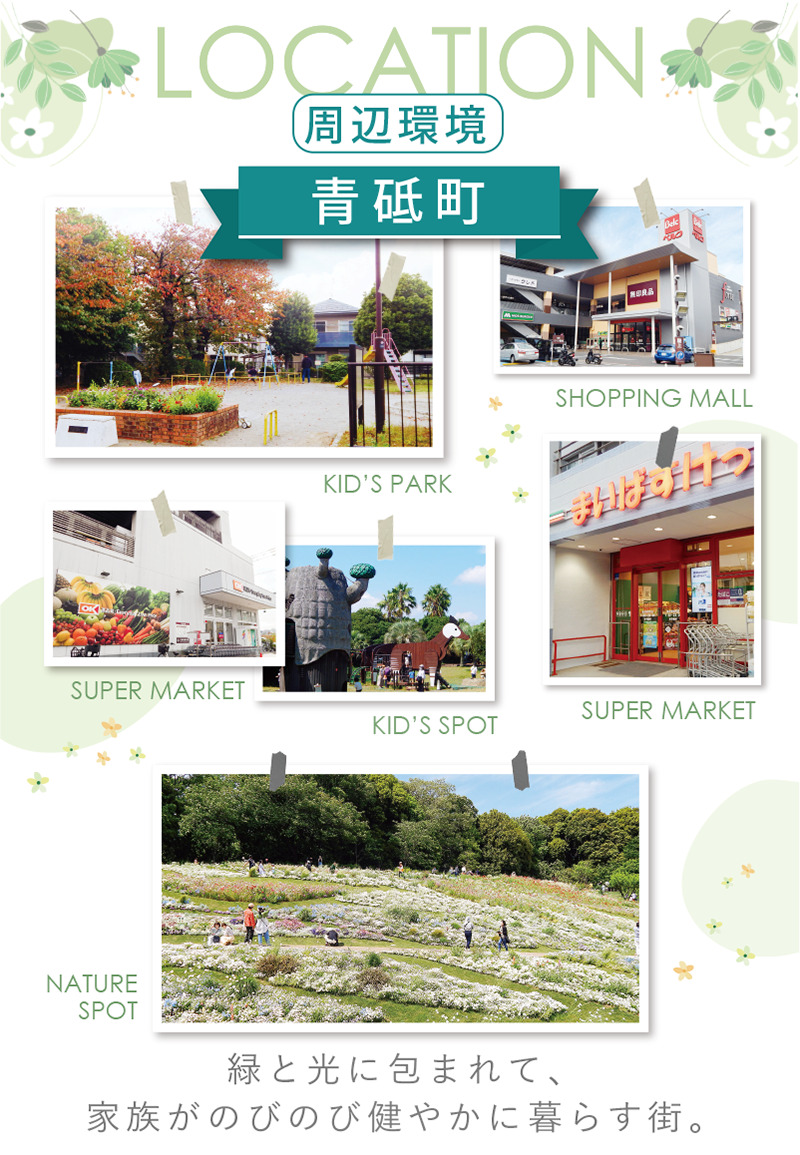 横浜市緑区青砥町 周辺環境 青砥町の周辺環境をまとめたイメージ。公園や大型商業施設、スーパーマーケット、地域のコミュニティスペースなど、家族が安心して暮らせる施設がそろうエリアの雰囲気を伝える写真。