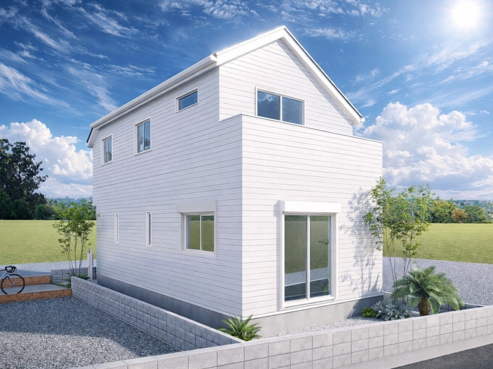 白を基調とした爽やかな外観デザインのセミオーダー新築一戸建て（青空と日当たりの良さが際立つ完成予想図）