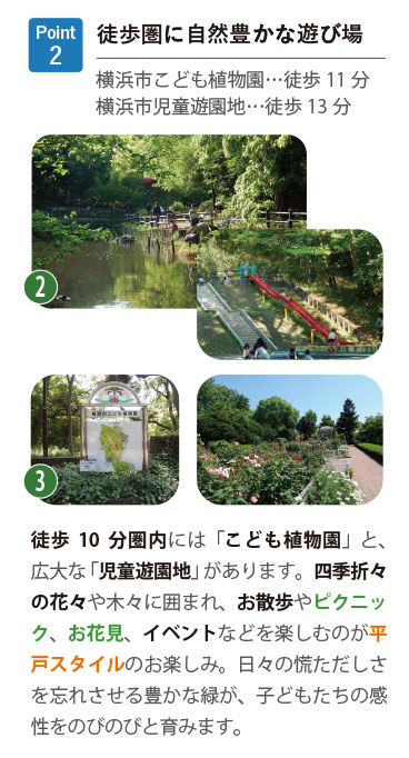 Point 2 徒歩圏に自然豊かな遊び場。横浜市こども植物園…徒歩11分、横浜市児童遊園地…徒歩13分を紹介。