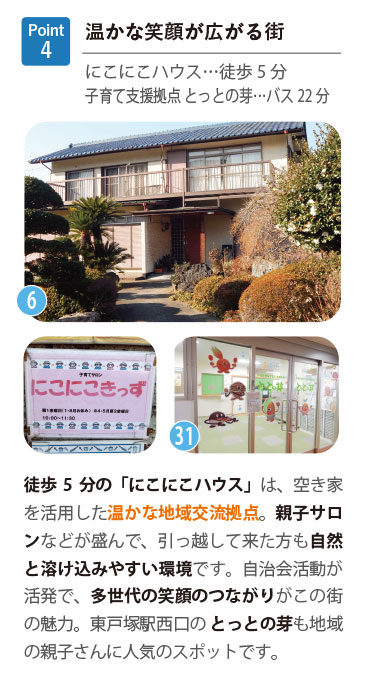Point 4 温かな笑顔が広がる街。街のコミュニティスペース・にこにこハウス…徒歩5分、子育て支援拠点 とっとの芽…バス22分を紹介。