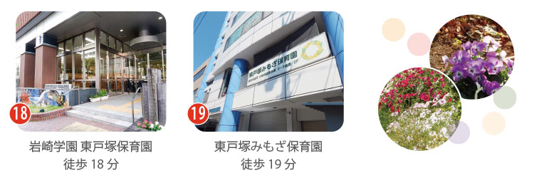 近隣の保育園の紹介。岩崎学園東戸塚保育園（徒歩18分）、東戸塚みもざ保育園（徒歩19分）の外観写真と、道端に咲く色鮮やかなパンジーやノースポールの花々。