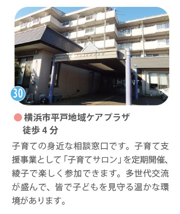 横浜市平戸地域ケアプラザの外観。徒歩4分。子育ての身近な相談窓口として「子育てサロン」を定期開催。多世代交流が盛んで、地域全体で子どもを見守る温かな環境。