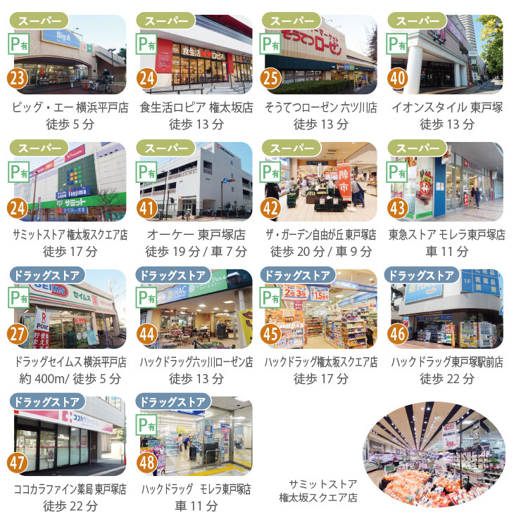 周辺のスーパー8店舗とドラッグストア6店舗の一覧。オーロラシティ（西武・イオン）、ロピア、そうてつローゼン、ビッグ・エー、権太坂スクエア（サミット）などのスーパーや、クリエイトSD、ハックドラッグ、セイムス等のドラッグストアが徒歩・車圏内に充実。