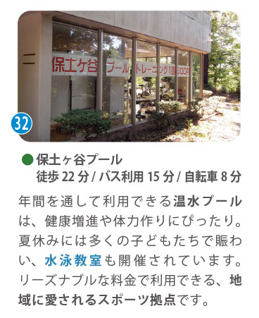 保土ヶ谷プールの外観。自転車8分。25mプールや児童用プール、スライダーなどが揃う屋内温水プール。天候を気にせず一年中親子で水遊びや泳ぎの練習が楽しめます。