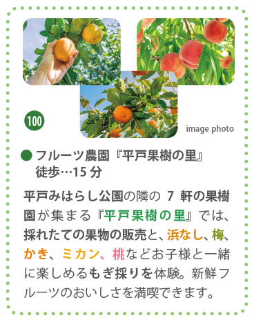 平戸果樹の里（フルーツ農園）。徒歩15分。身近な場所で梨や浜ぶどう、柿などの果物狩りや直売が楽しめる、平戸ならではの豊かな自然体験スポット。