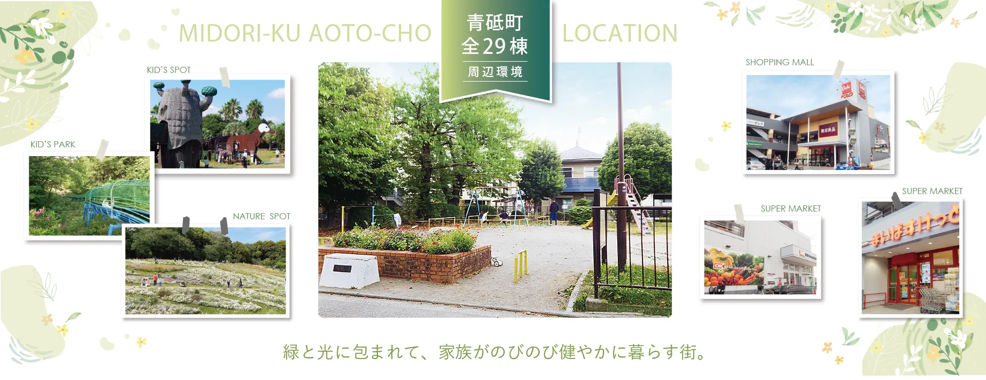 「緑と光に包まれて、家族がのびのび健やかに暮らす街。」のキャッチコピーと共に、青砥町の周辺施設（公園、ショッピングモール、スーパー、自然スポット）を広く紹介するPC用メインビジュアル。