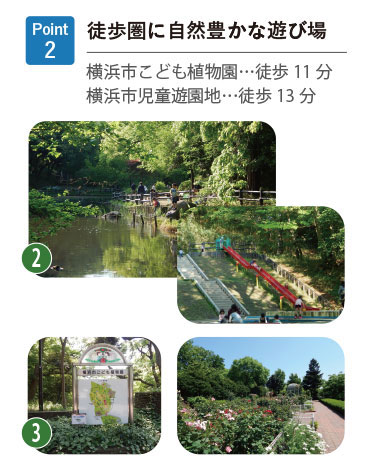 Point 2 徒歩圏に自然豊かな遊び場。横浜市こども植物園…徒歩11分、横浜市児童遊園地…徒歩13分を紹介。