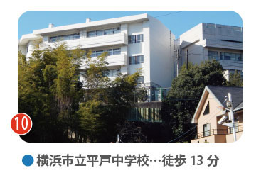 横浜市立平戸中学校の外観。徒歩13分。文武両道を実践し、部活動や学校行事が活発な中学校。小中一貫教育を見据えた手厚い指導が特徴。