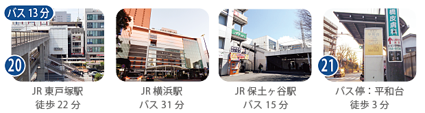 JR東戸塚駅徒歩22分、JR横浜駅バス31分、JR保土ヶ谷駅バス15分、バス停：平和台徒歩3分の写真