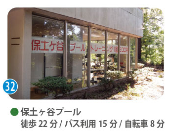 保土ヶ谷プールの外観。自転車8分。25mプールや児童用プール、スライダーなどが揃う屋内温水プール。天候を気にせず一年中親子で水遊びや泳ぎの練習が楽しめます。