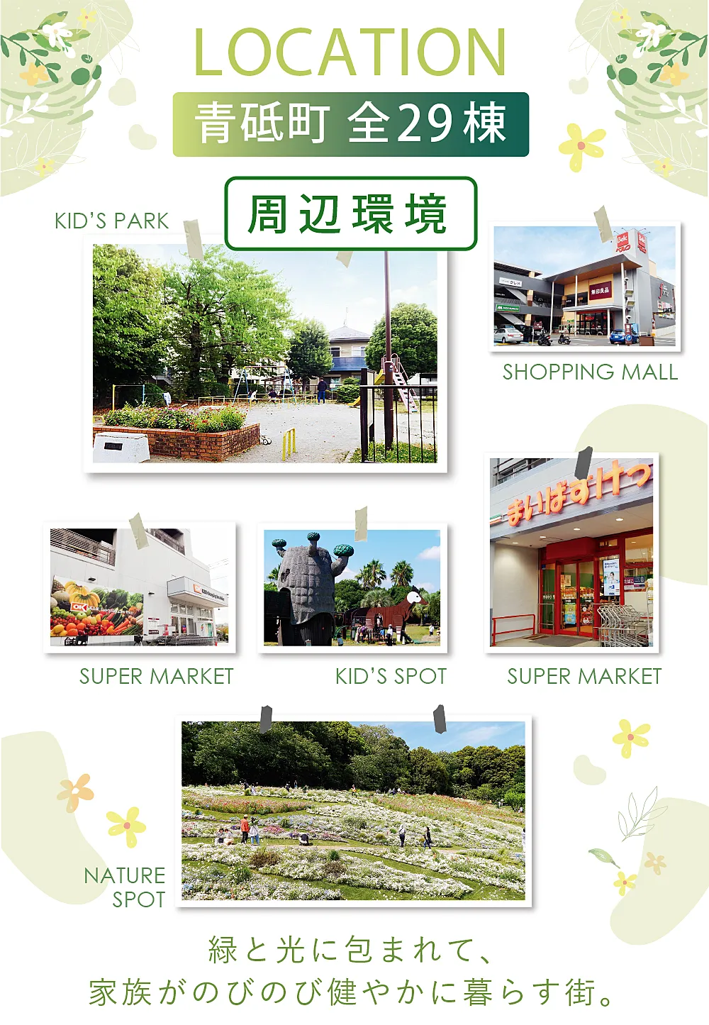 横浜市緑区青砥町の周辺環境まとめ。公園、ショッピングモール（フォルテ横浜川和町）、スーパー（オーケー、まいばすけっと）、自然スポットなどの写真を縦長にレイアウトしたスマートフォン用ビジュアル。