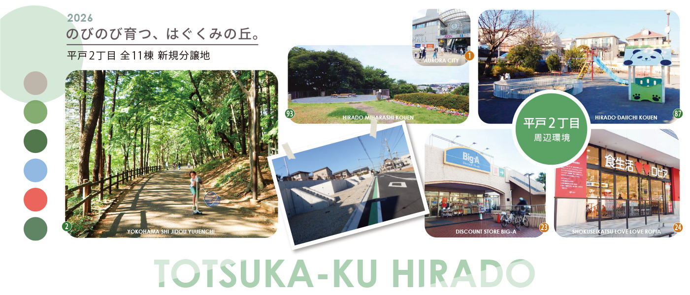 平戸2丁目周辺環境ページ_メインビジュアル 横浜市戸塚区平戸2丁目の新築分譲地「はぐくみの丘」周辺環境ページ用メインビジュアル。横浜市児童遊園地、平戸みはらし公園、オーロラシティ、ロピア、ビッグ・エー、現地の街並みをまとめた画像。