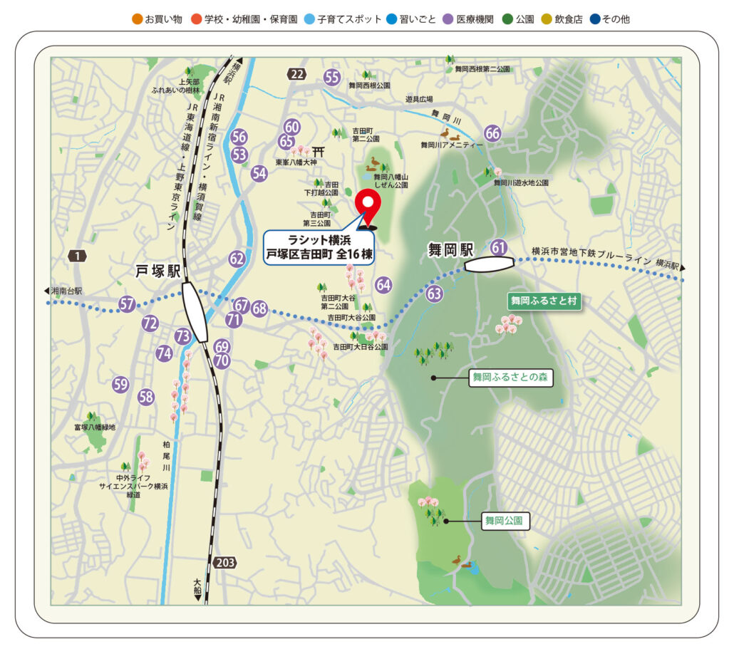 戸塚駅・吉田町周辺の小児科などの医療施設を番号で示した周辺環境マップ