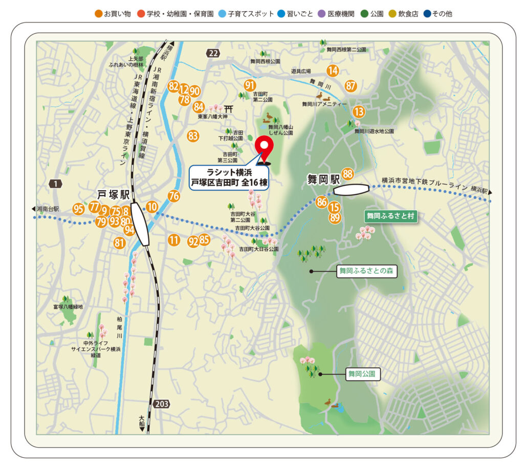 戸塚駅・吉田町周辺のスーパー、商業施設を番号で示した周辺環境マップ