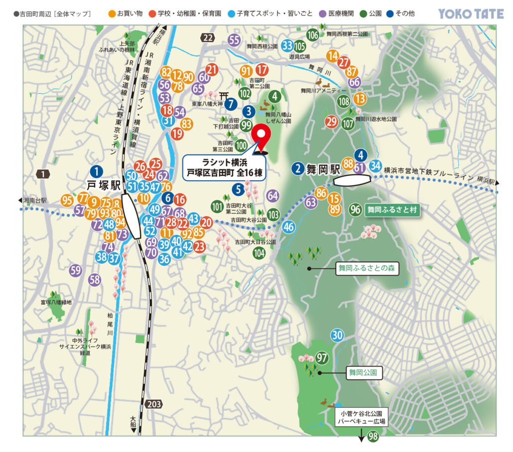 戸塚駅・吉田町周辺のスーパー、商業施設、公園、学校、医療施設、子育て支援施設などを番号で示した周辺環境マップ