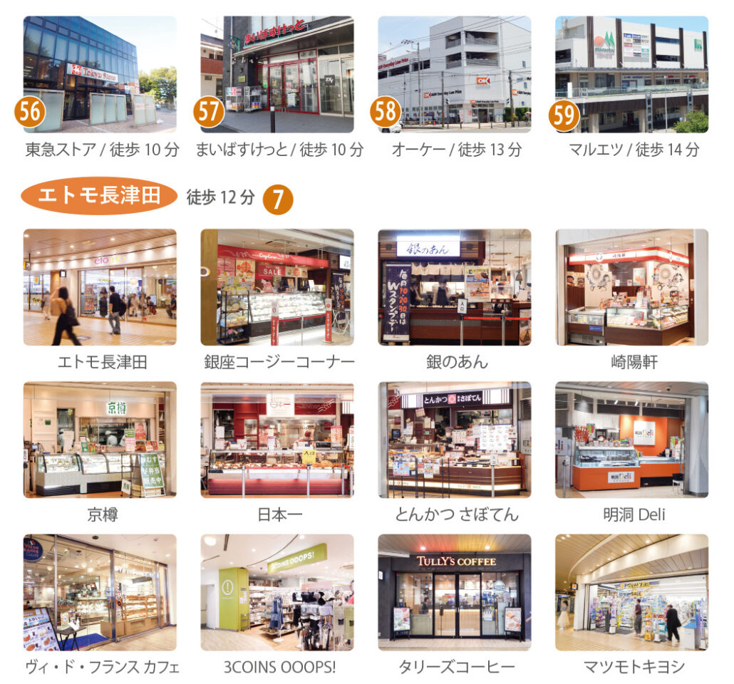 長津田町のお買い物環境。東急ストア/徒歩10分、まいばすけっと/徒歩10分、オーケー/徒歩13分、マルエツ/徒歩14分。