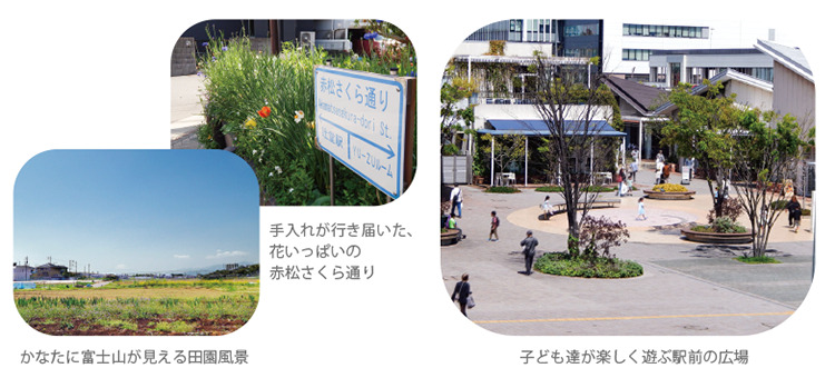子ども達が楽しく遊ぶテラスモール前の広場、かなたに富士山が見える広々とした田園風景、手入れが行き届いた、花いっぱいの赤松さくら通りの写真