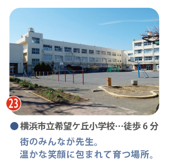 安心して通える、身近な小学校 横浜市立希望ヶ丘小学校(徒歩6分)の校舎と校庭。通学しやすい距離で、地域に見守られた子育て環境。