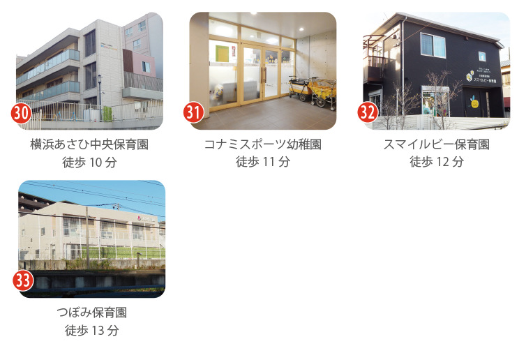 徒歩10分圏内に揃う充実の幼稚園・保育園(その2) 物件周辺の保育施設。横浜あさひ中央保育園(徒歩10分)、コナミスポーツ幼稚園(徒歩11分)、スマイルビー保育園(徒歩12分)、つぼみ保育園(徒歩13分)の施設外観一覧。