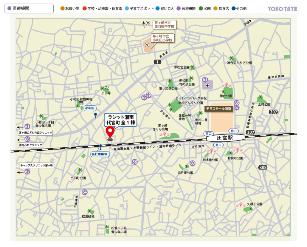 茅ヶ崎代官町 周辺環境マップ。医療期間