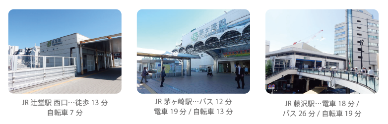 JR辻堂駅 西口…徒歩13分/自転車7分、JR茅ヶ崎駅…バス12分/電車19分/自転車13分、JR藤沢駅…電車18分/バス26分/自転車19分。3駅の駅舎写真。