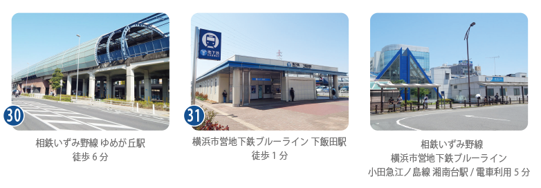 相鉄いずみ野線 ゆめが丘駅/徒歩6分、横浜市営地下鉄ブルーライン 下飯田駅/徒歩1分、相鉄いずみ野線、横浜市営地下鉄ブルーライン、小田急江ノ島線 湘南台駅/電車利用5分。3つの駅の駅舎の写真。