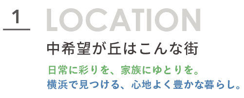 中希望が丘はこんな街 横浜市の中希望が丘エリアの魅力を紹介するセクション。日常に彩りとゆとりがあり、心地よく暮らせる住環境を表現。